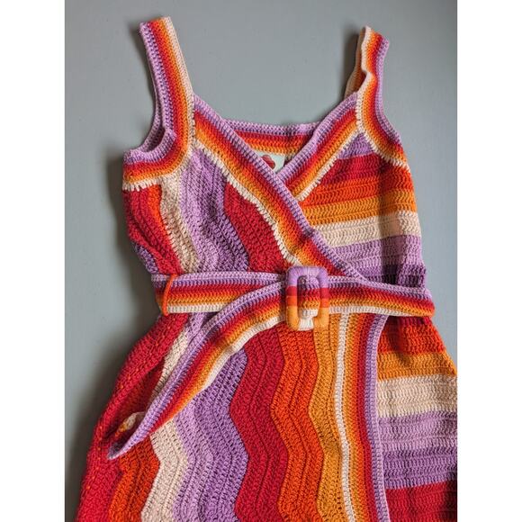 NWT Farm Rio Anthropologie Crochet Mini Dress Size S Rainbow Belted #8F469 - Picture 3 of 9